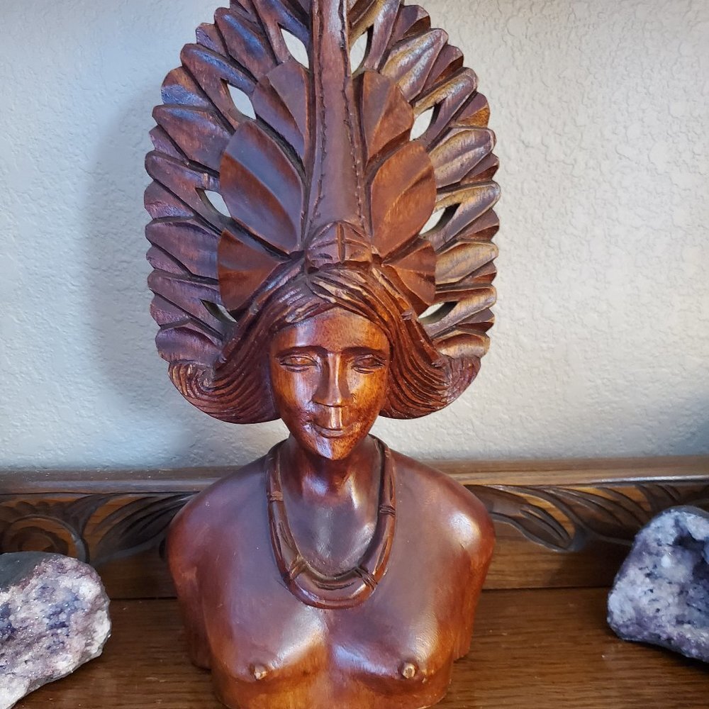 Vintage Polynesian Hand Carved Wood Bust Native Is